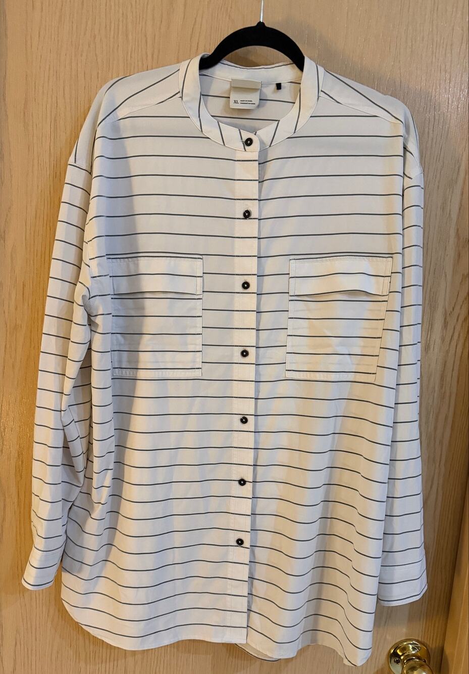 prAna Striped Stretch Button Down Shirt Women XL White Gray Utility